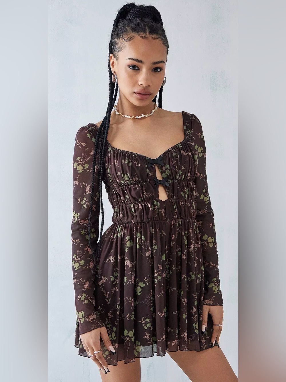 UO Floral Print Ruched Cutout Romper